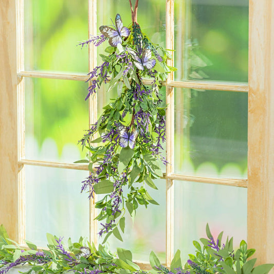 Plow & Hearth Pollinator Garden Swag Artificial Lavender with Butterflies, 25"H