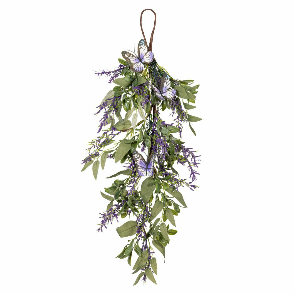 Plow & Hearth Pollinator Garden Swag Artificial Lavender with Butterflies, 25"H