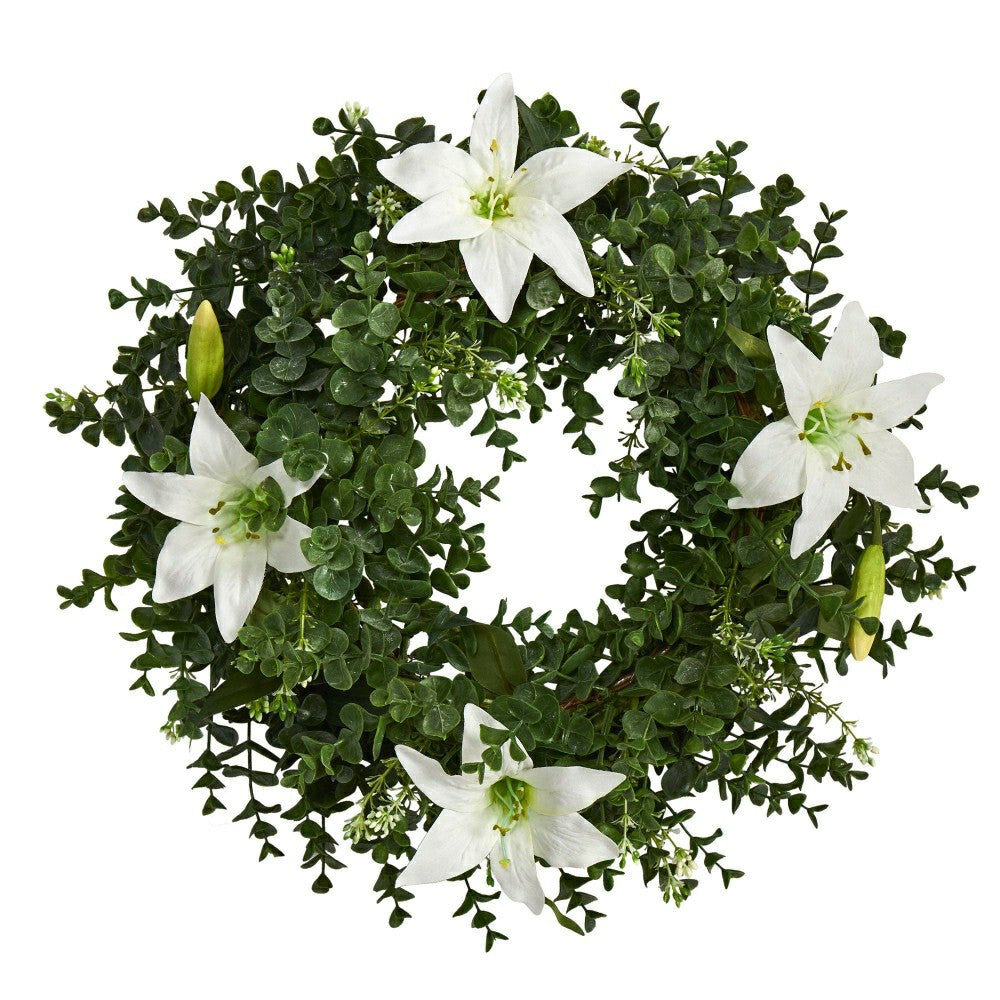 Plow & Hearth 18” Eucalyptus and Lily Double Ring Artificial Wreath with Twig Base