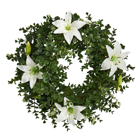 Plow & Hearth 18” Eucalyptus and Lily Double Ring Artificial Wreath with Twig Base