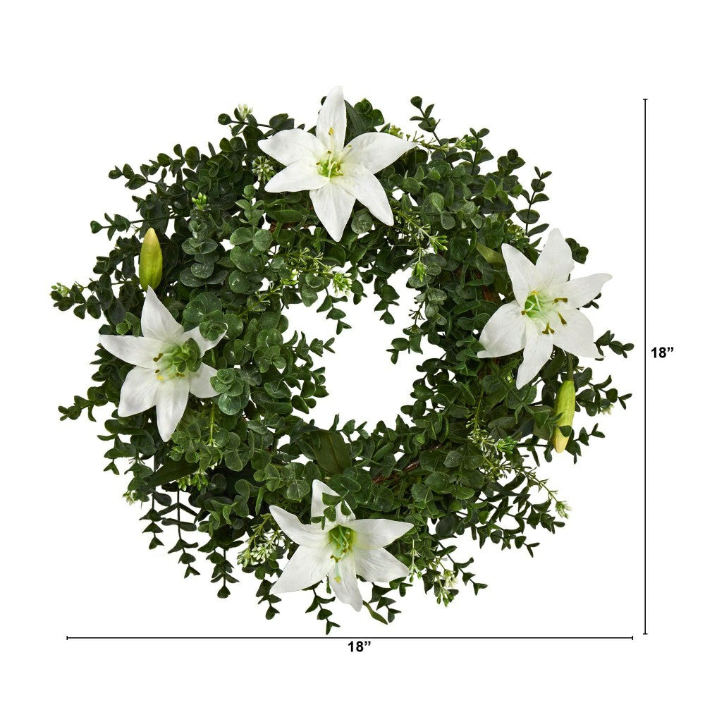 Plow & Hearth 18” Eucalyptus and Lily Double Ring Artificial Wreath with Twig Base