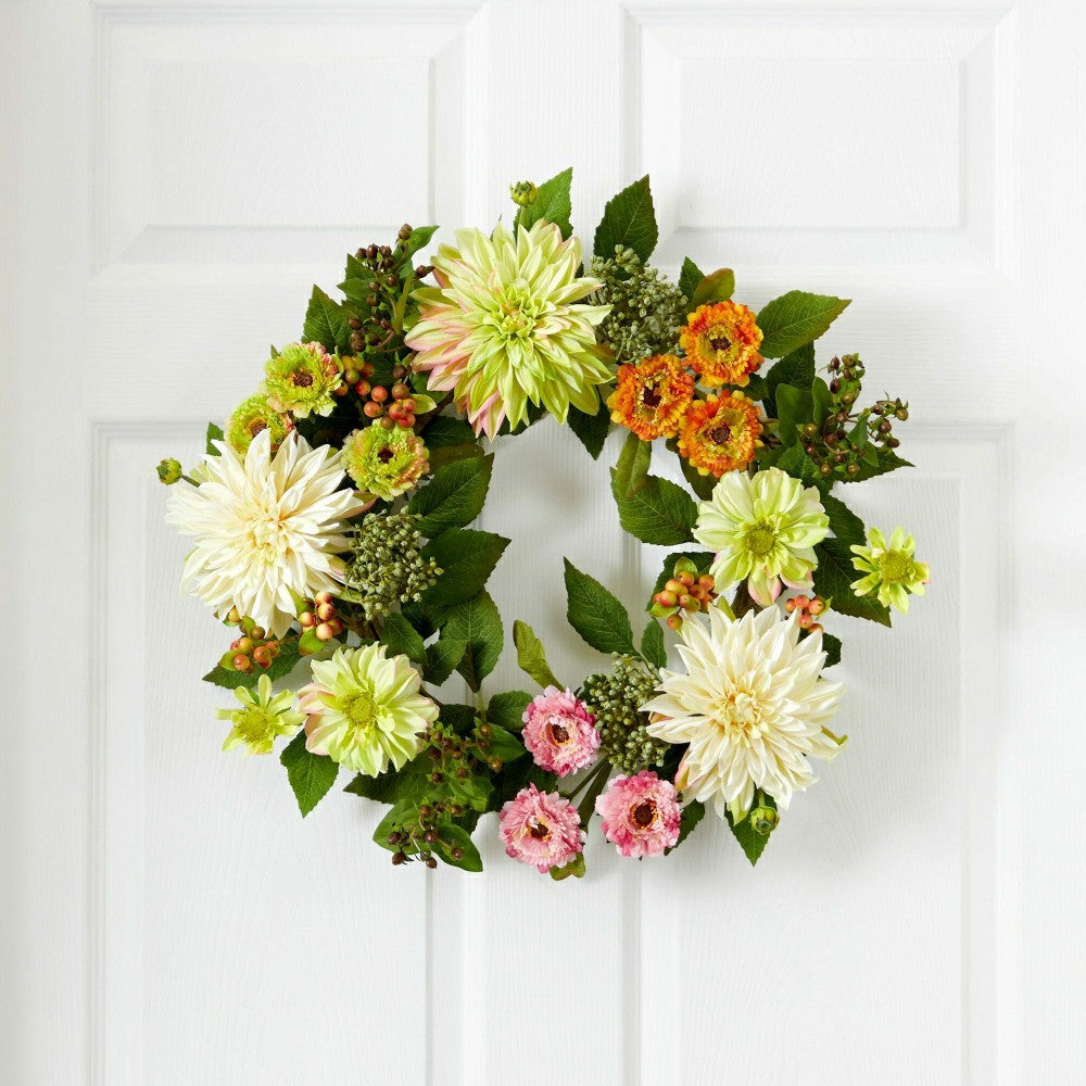 Plow & Hearth Spring Vibe Dahlia & Mum Wreath, 22”
