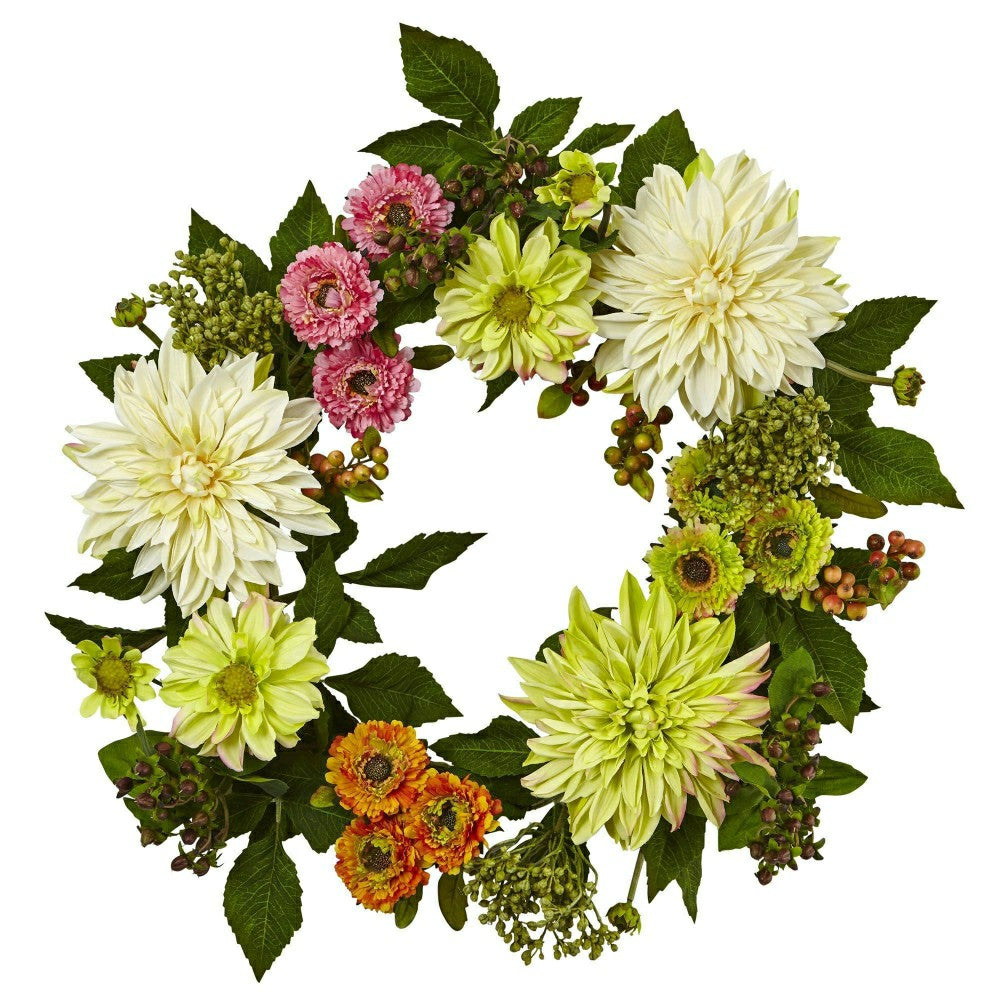 Plow & Hearth Spring Vibe Dahlia & Mum Wreath, 22”