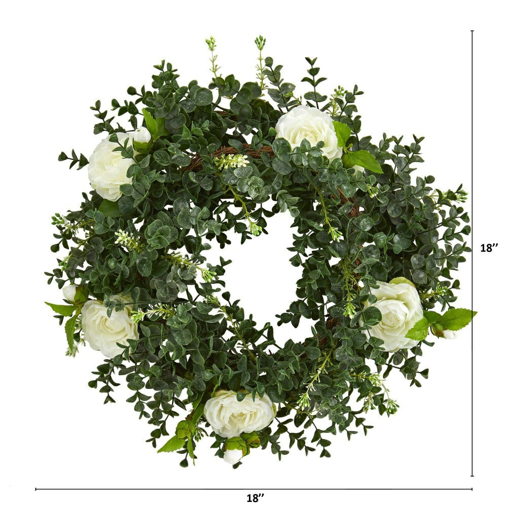 Plow & Hearth Eucalyptus and Camellia Artificial Wreath, 18”
