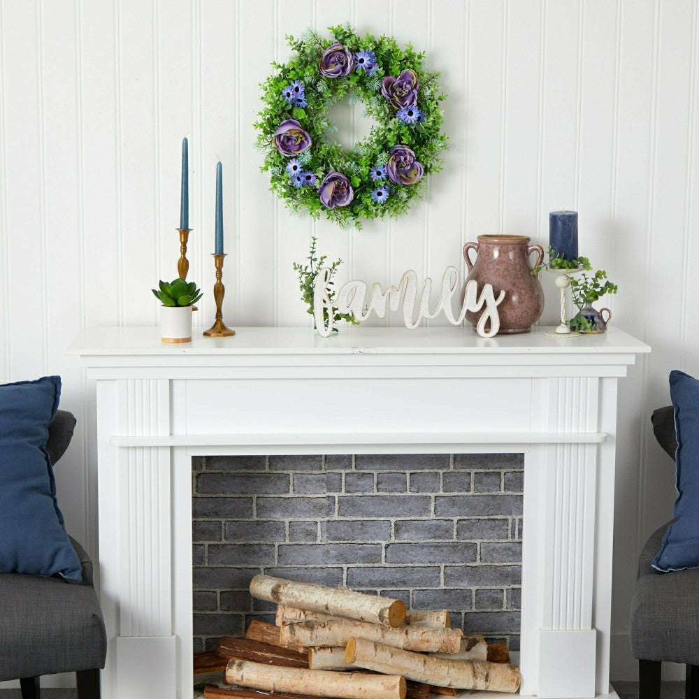 Plow & Hearth Purple Rose, Blue Daisy and Greens Artificial Wreath, 22”
