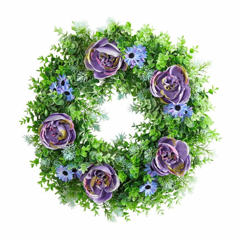 Plow & Hearth Purple Rose, Blue Daisy and Greens Artificial Wreath, 22”