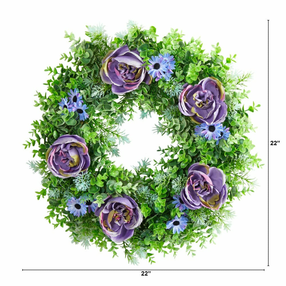 Plow & Hearth Purple Rose, Blue Daisy and Greens Artificial Wreath, 22”