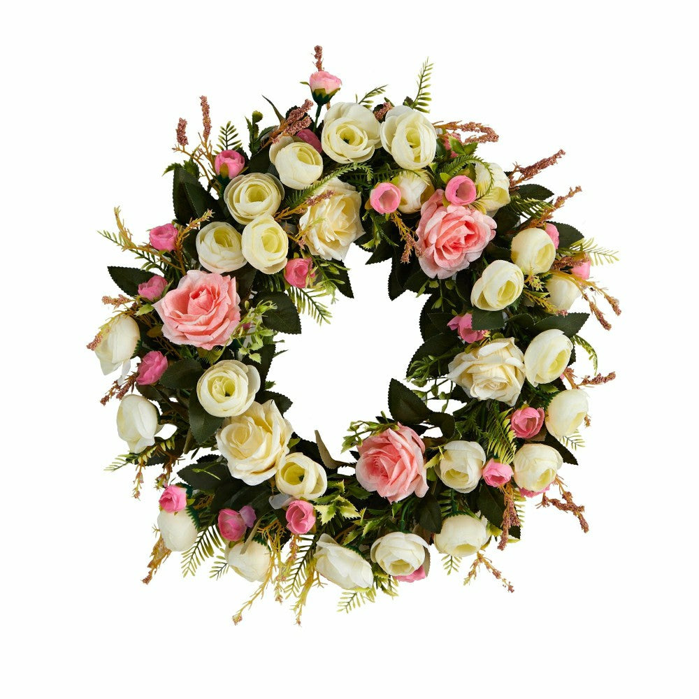 Plow & Hearth White & Pink Rose Artificial Wreath, 20”