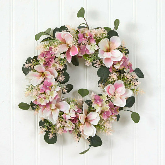Plow & Hearth Hydrangea and Magnolia Artificial Wreath, 20”
