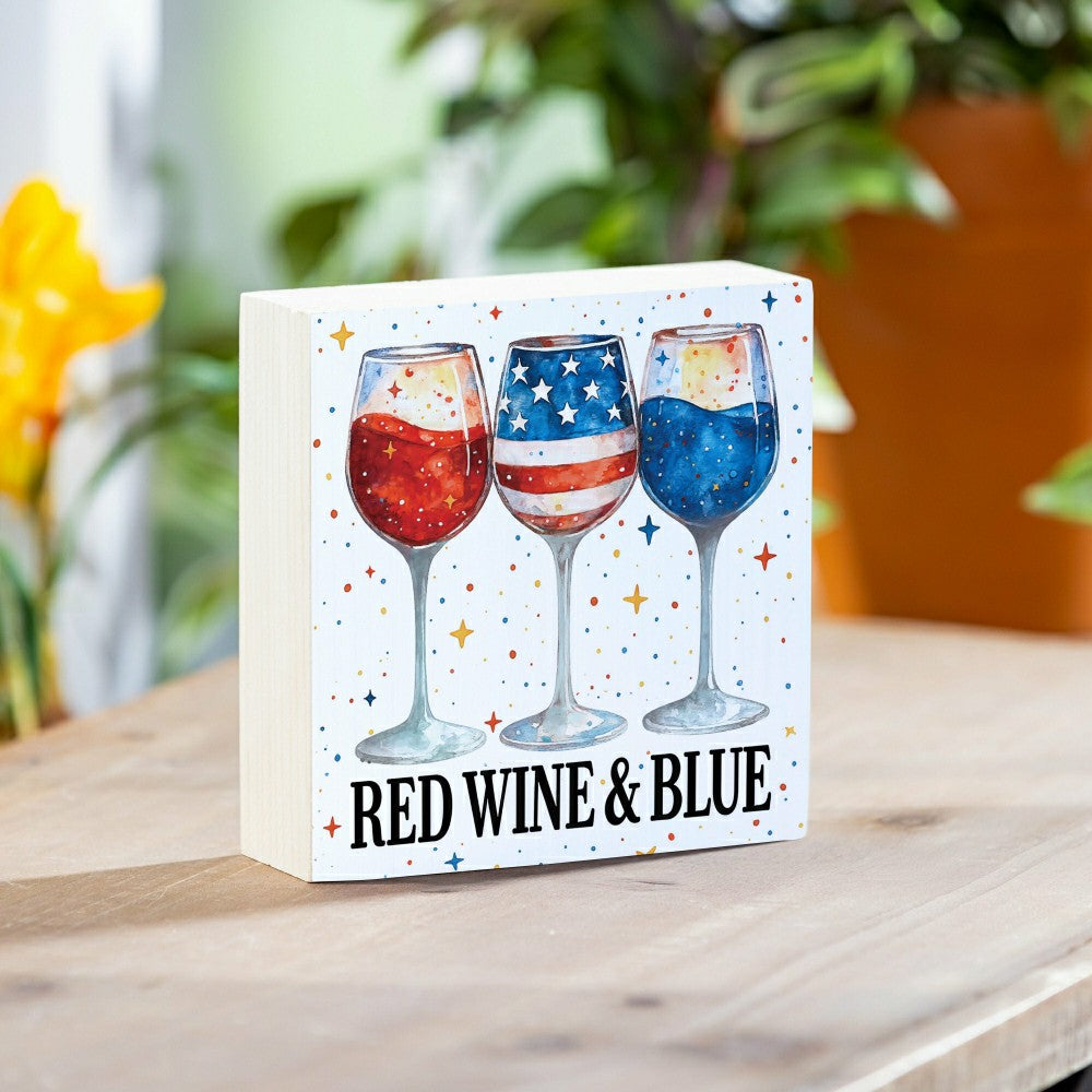 Plow & Hearth Red White & Bloom Sign Wood Block, Red Wine & Blue, 6"x6"