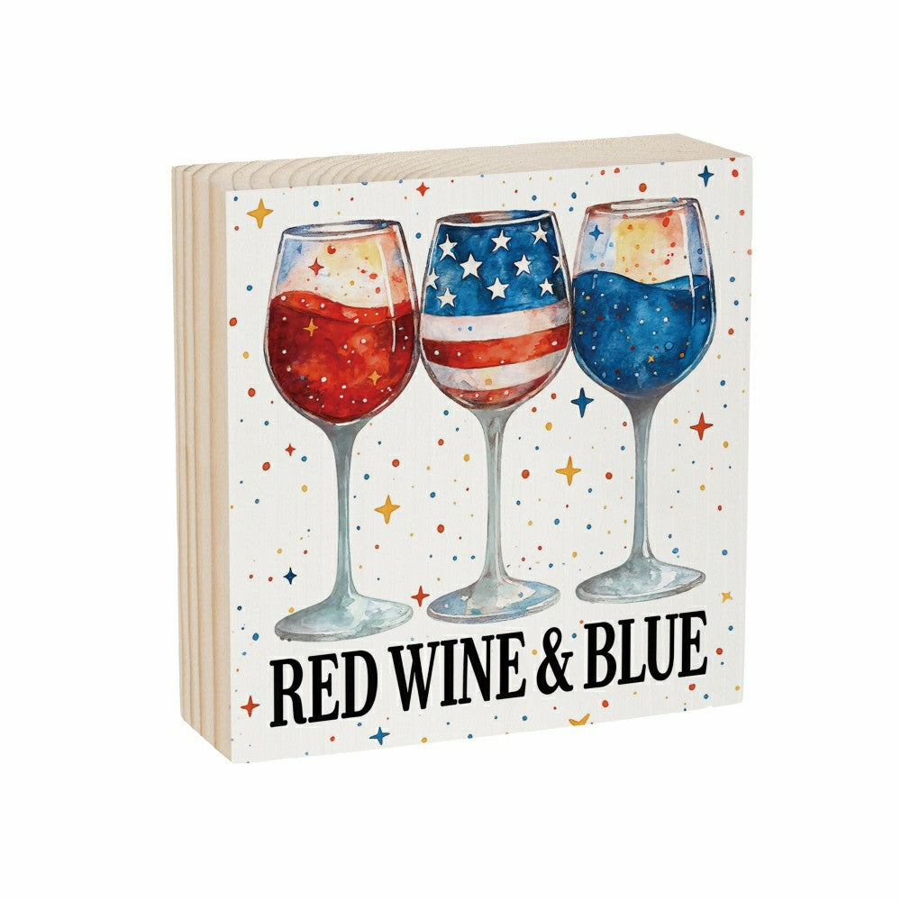 Plow & Hearth Red White & Bloom Sign Wood Block, Red Wine & Blue, 6"x6"