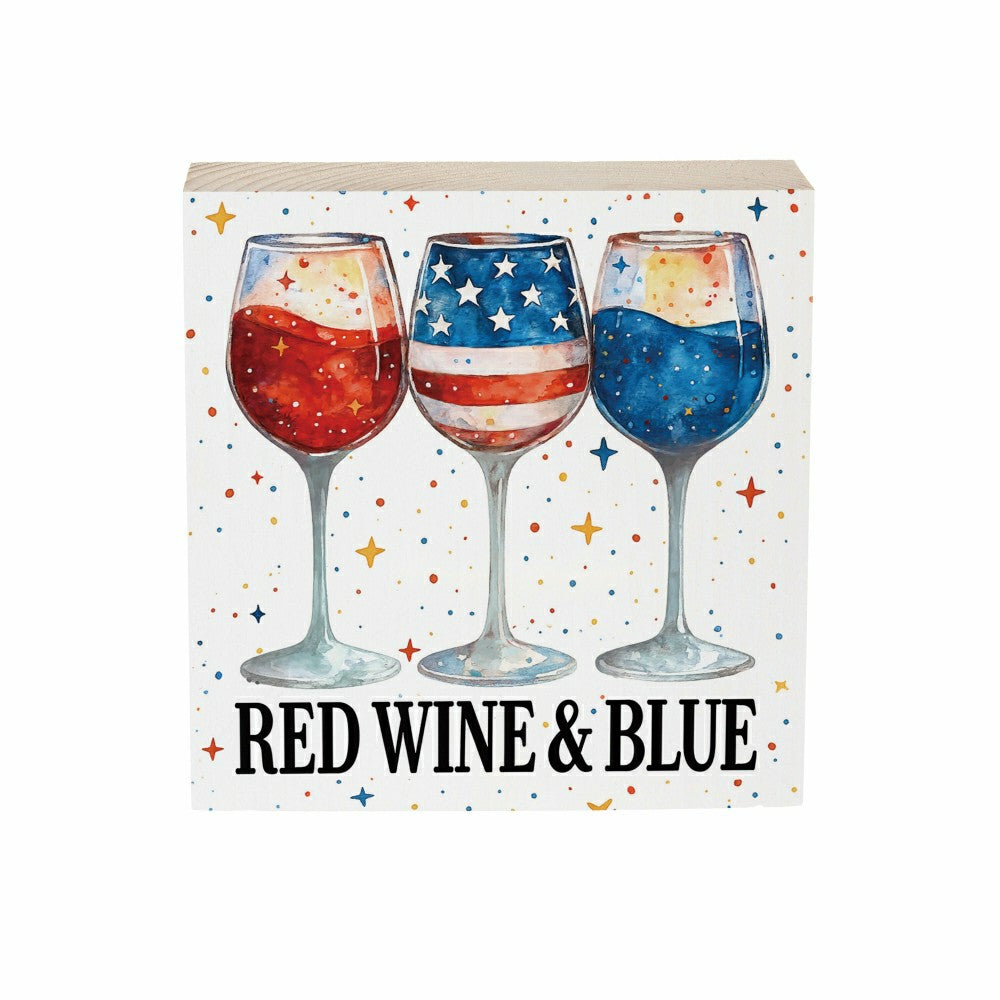 Plow & Hearth Red White & Bloom Sign Wood Block, Red Wine & Blue, 6"x6"