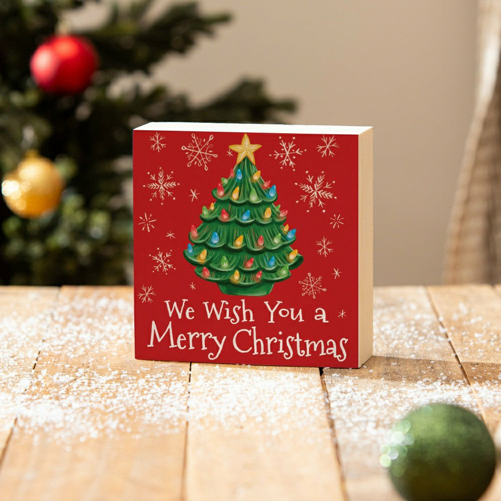 Plow & Hearth Christmas Tree Sign Plock, "WE WISH YOU A MERRY CHRISTMAS", 6"x6”