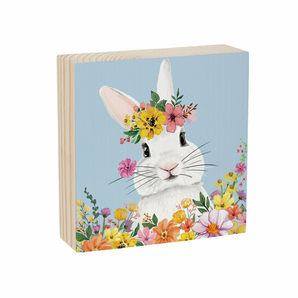 Plow & Hearth Bunny Blooms Sign Wood Block, 6"x6"