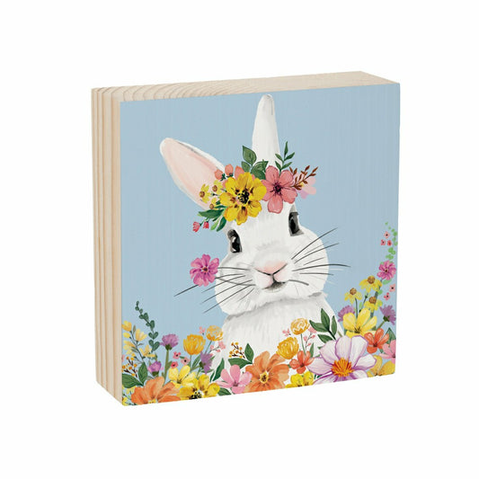 Plow & Hearth Bunny Blooms Sign Wood Block, 6"x6"