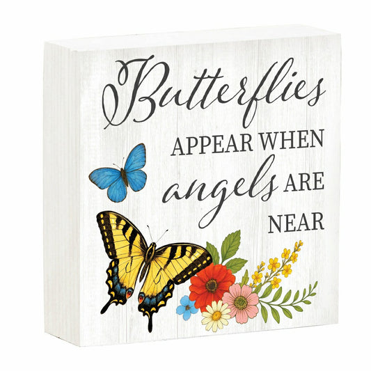 Plow & Hearth Memorial Table Décor Wood Plock Butterflies Appear when Angels are Near, 6"x6"