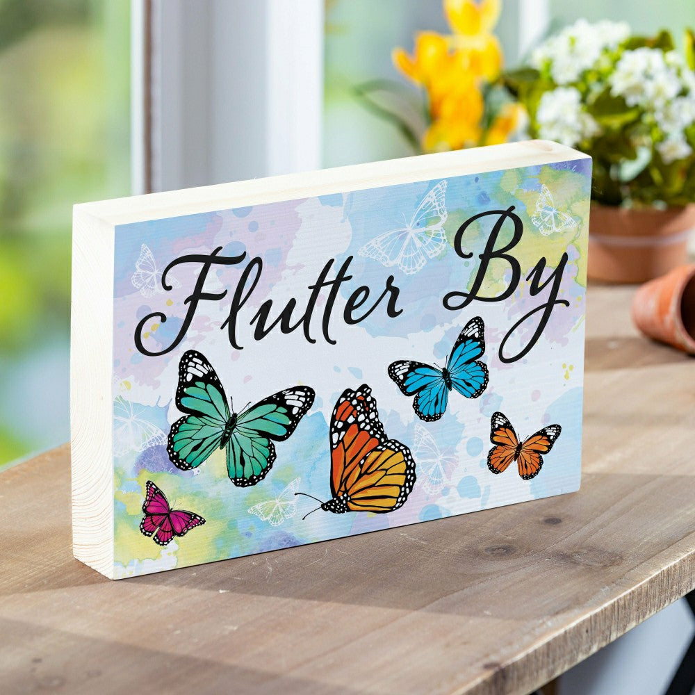Plow & Hearth Pollinator Garden Butterfly Sign Wood Block "Flutter By", 12"L x 8"H