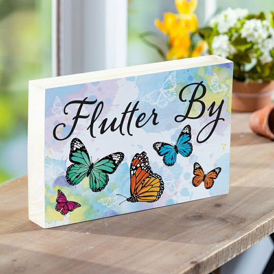 Plow & Hearth Pollinator Garden Butterfly Sign Wood Block "Flutter By", 12"L x 8"H