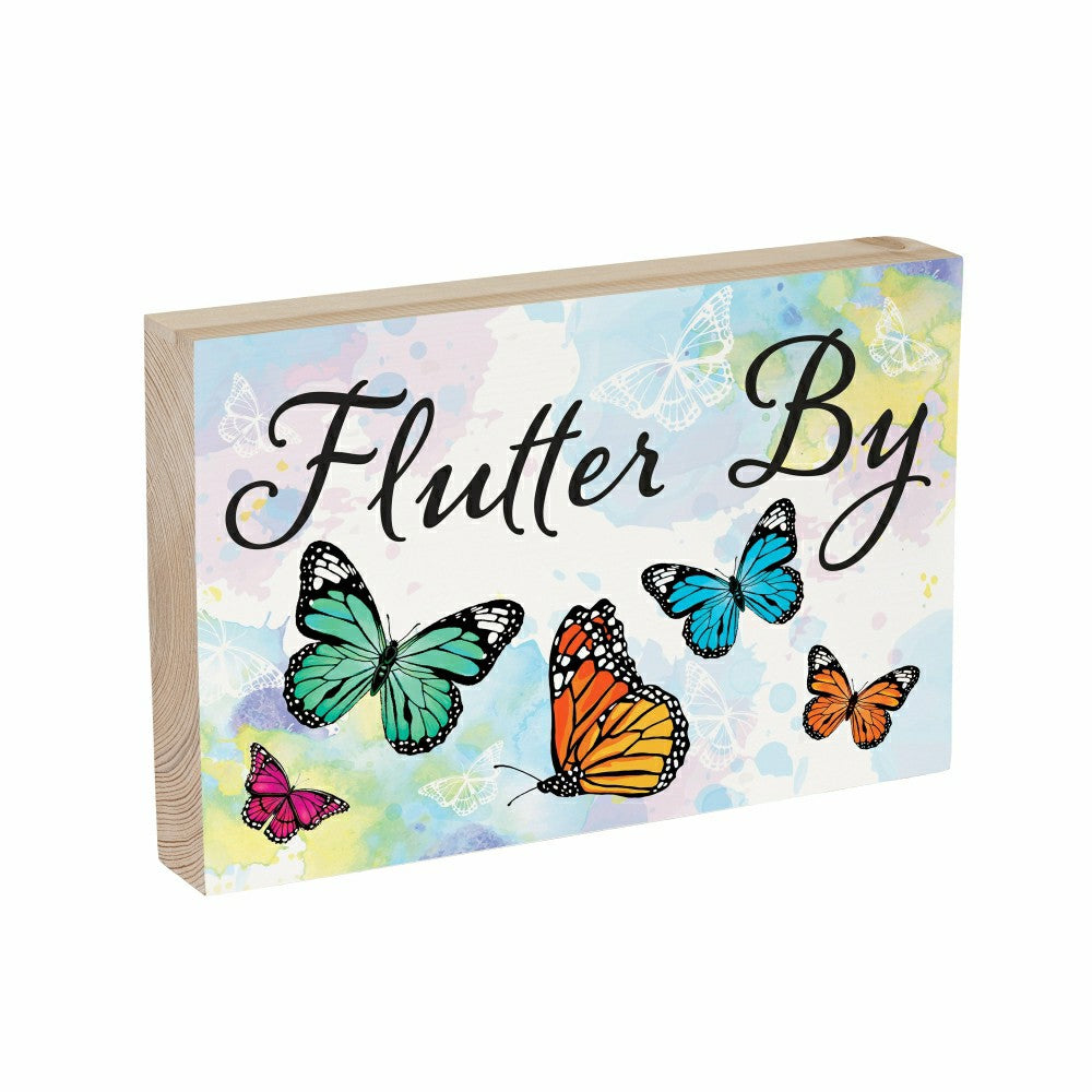 Plow & Hearth Pollinator Garden Butterfly Sign Wood Block "Flutter By", 12"L x 8"H