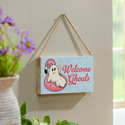 Plow & Hearth Summerweeen Hanging Sign, Welcome Ghouls, 11" L x 6" H