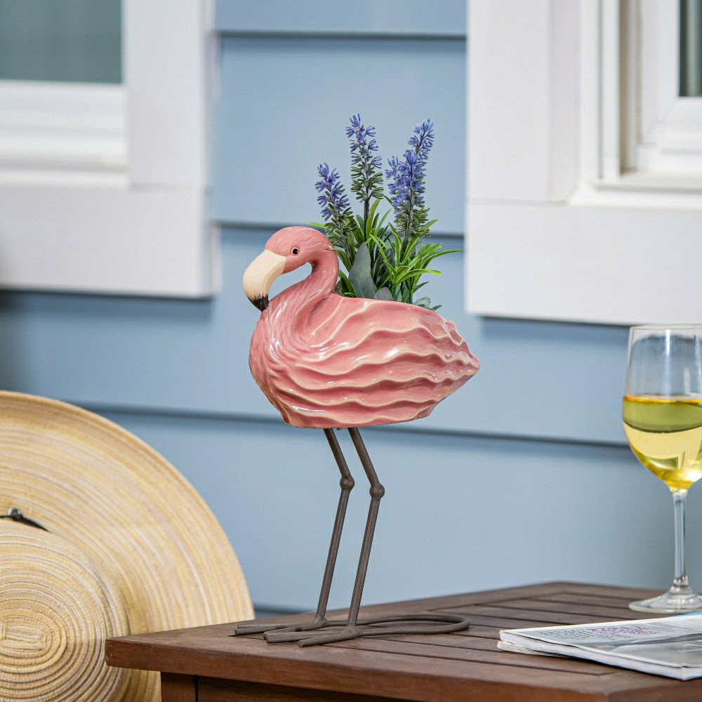 Plow & Hearth Palm Beach Ceramic Flamingo Planter