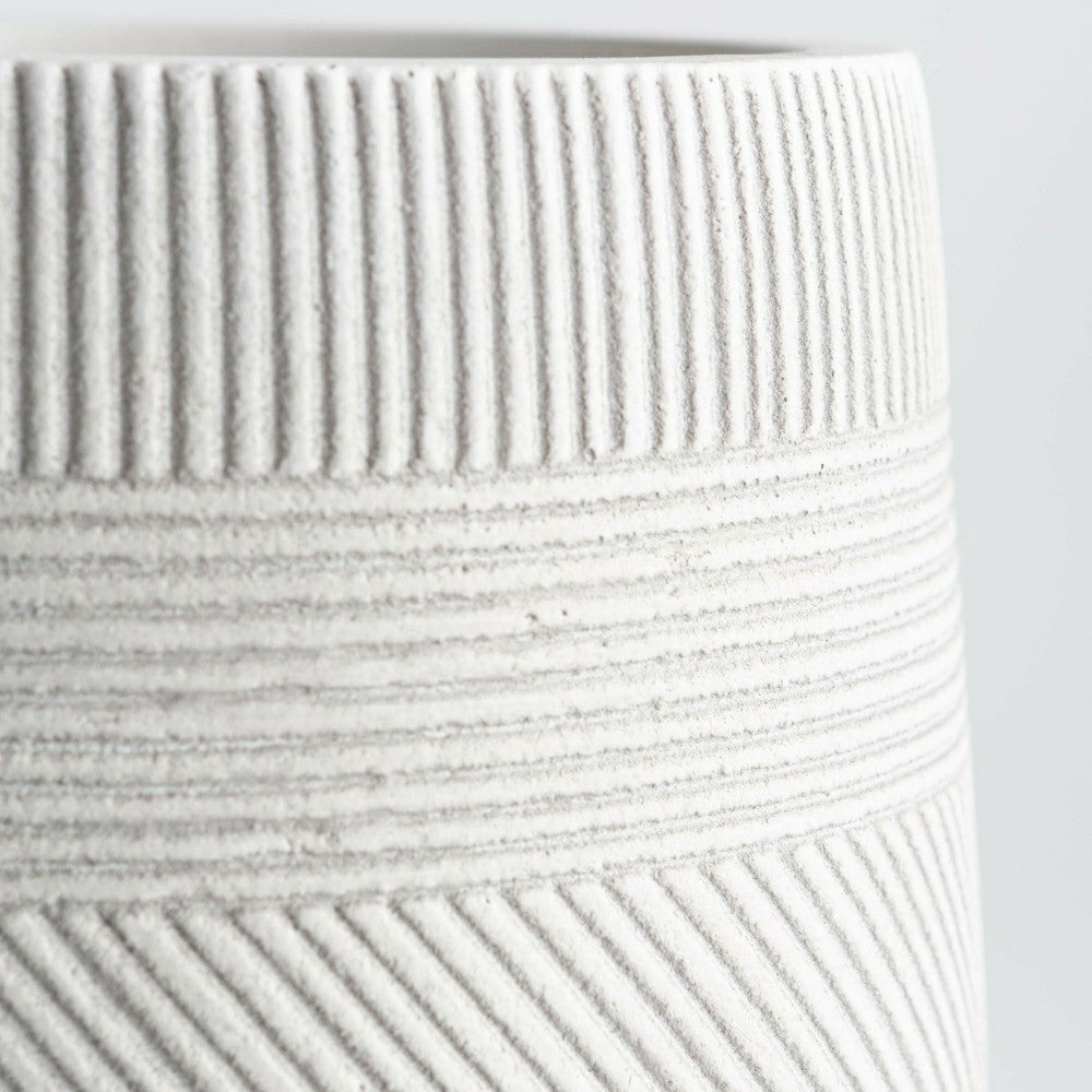Plow & Hearth Round Stripe Fiber Clay Planters, Set of 3, White