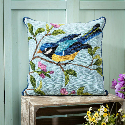 Plow & Hearth Indoor/Outdoor Hooked Polypropylene Birds in Branches Throw Pillow 18"