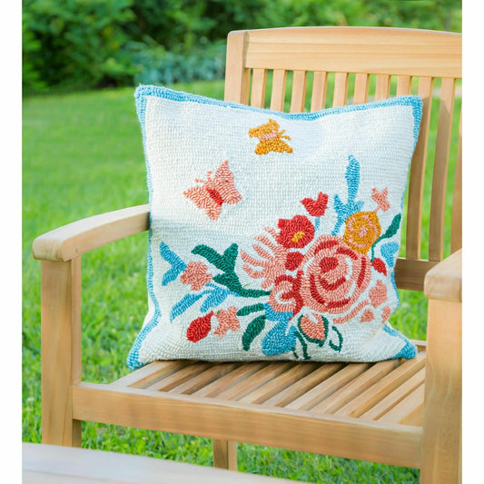 Plow & Hearth Indoor/Outdoor Hooked Pillow 18"x18" Butterfly Meadow