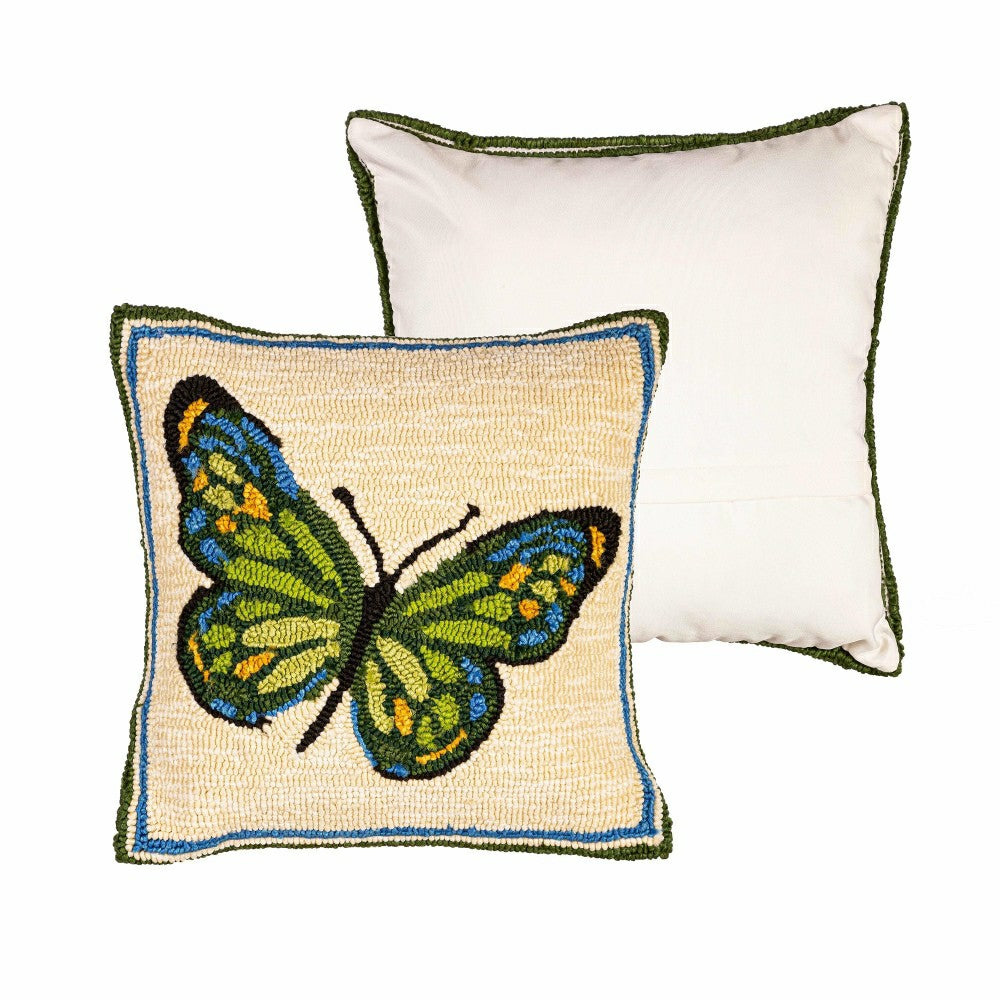 Plow & Hearth Indoor/Outdoor Green Butterfly Hooked Polypropylene Throw Pillow 18"x1