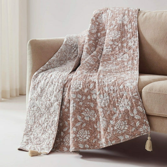 Plow & Hearth Zara Floral Block Reversible Cotton Throw Blanket
