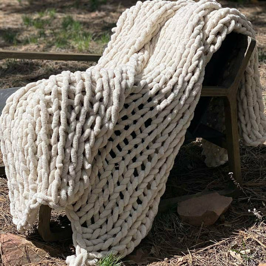 Plow & Hearth Infinite Chunky Knit Blanket, Minky, 43” x 70”, Sand