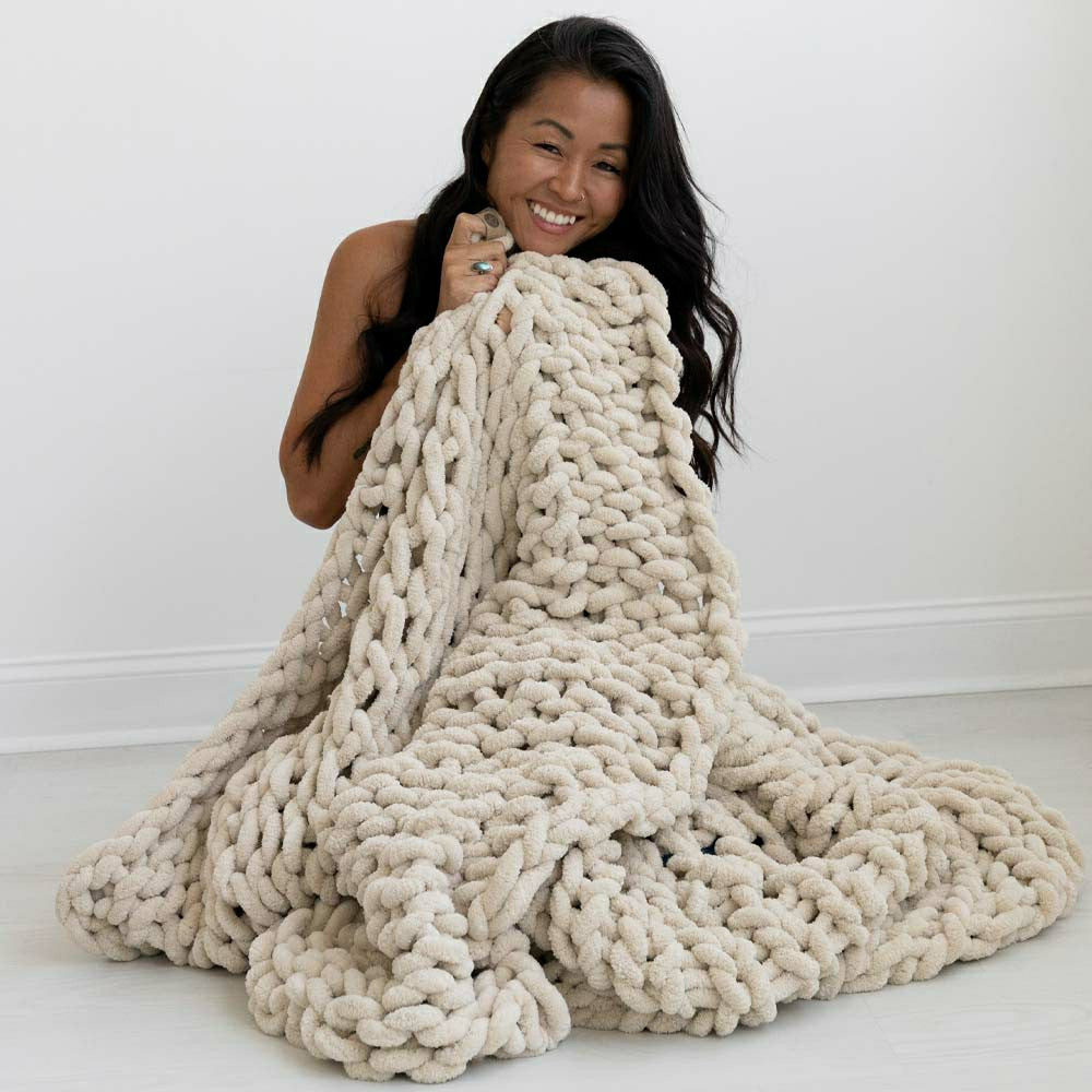 Plow & Hearth Infinite Chunky Knit Blanket, Minky, 43” x 70”, Sand