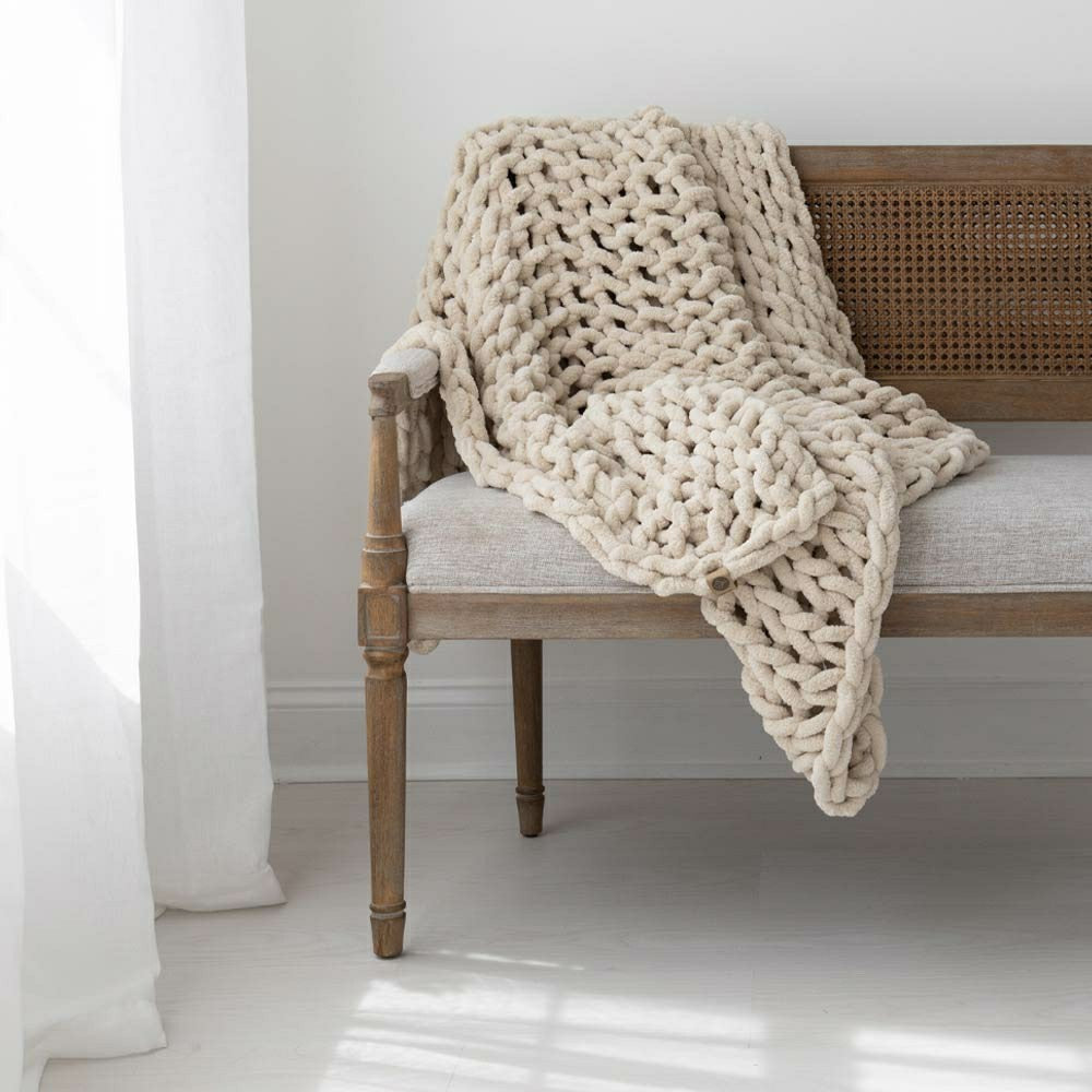 Plow & Hearth Infinite Chunky Knit Blanket, Minky, 43” x 70”, Sand