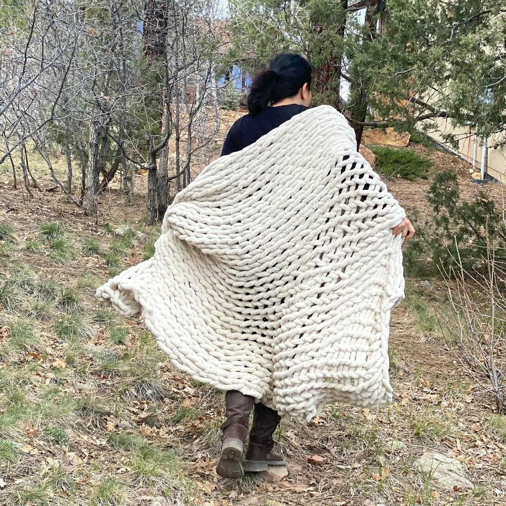 Plow & Hearth Infinite Chunky Knit Blanket, Minky, 43” x 70”, Sand