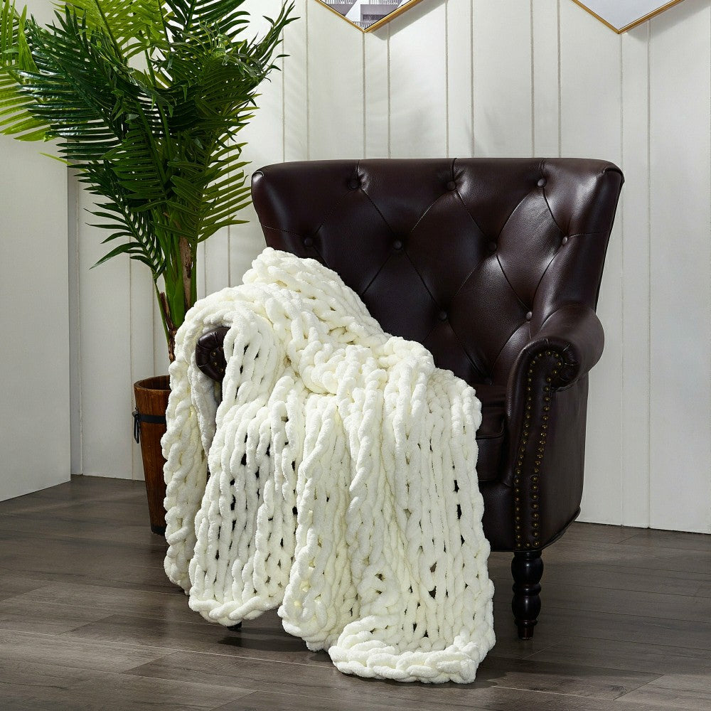 Plow & Hearth Chenille Knit Throw, Ivory