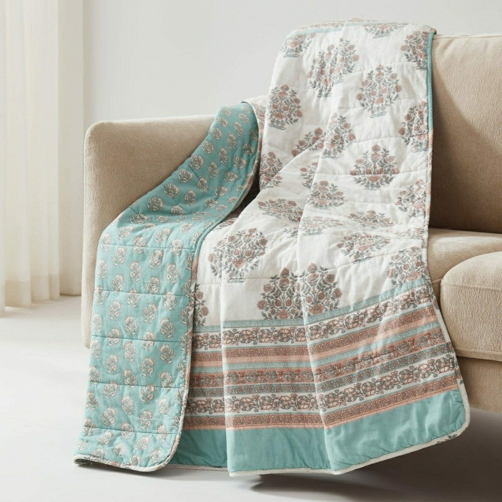 Plow & Hearth Sofia Flower Block Bouquet Reversible Cotton Throw Blanket