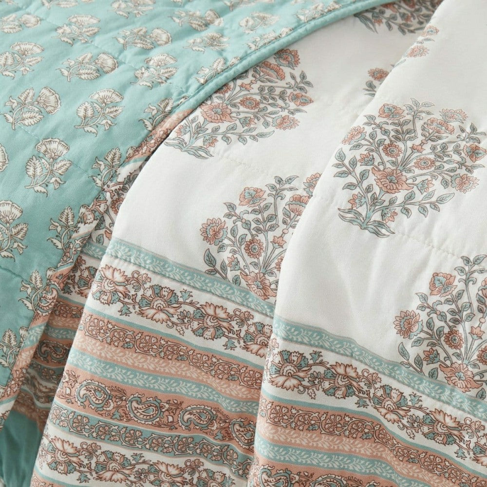 Plow & Hearth Sofia Flower Block Bouquet Reversible Cotton Throw Blanket