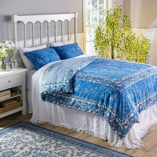 Plow & Hearth Porcelain Rose Blue Floral Reversible Bedding, King Duvet