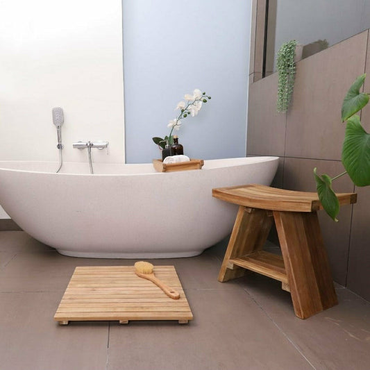Plow & Hearth Siena Natural Teak Shower and Bath Stool with Curved Seat and Shelf