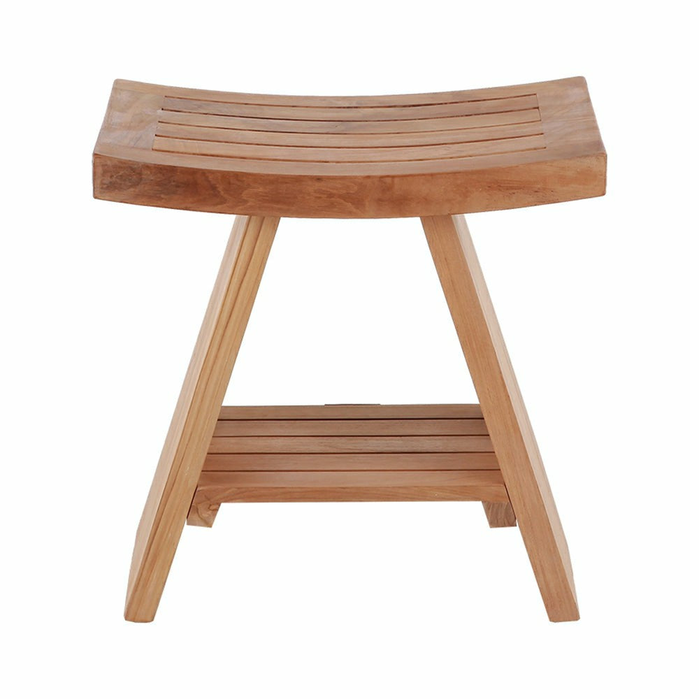 Plow & Hearth Siena Natural Teak Shower and Bath Stool with Curved Seat and Shelf