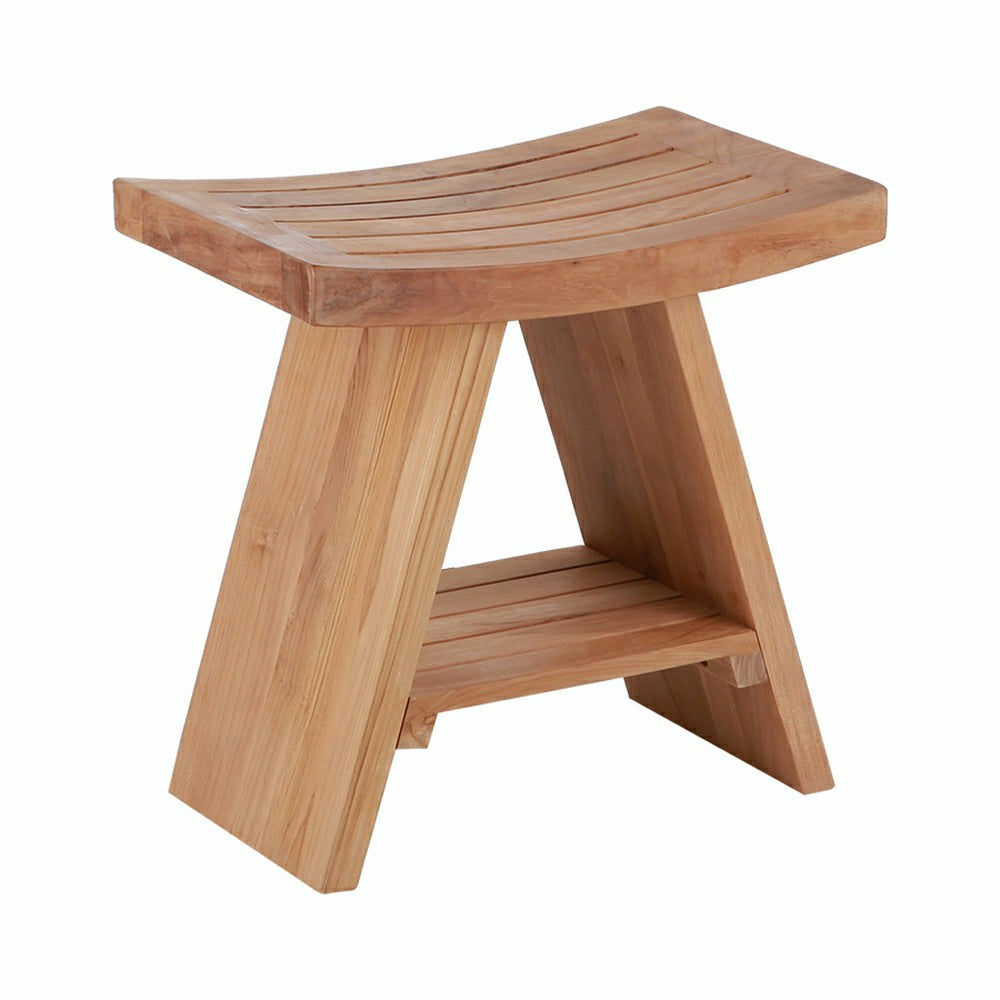 Plow & Hearth Siena Natural Teak Shower and Bath Stool with Curved Seat and Shelf