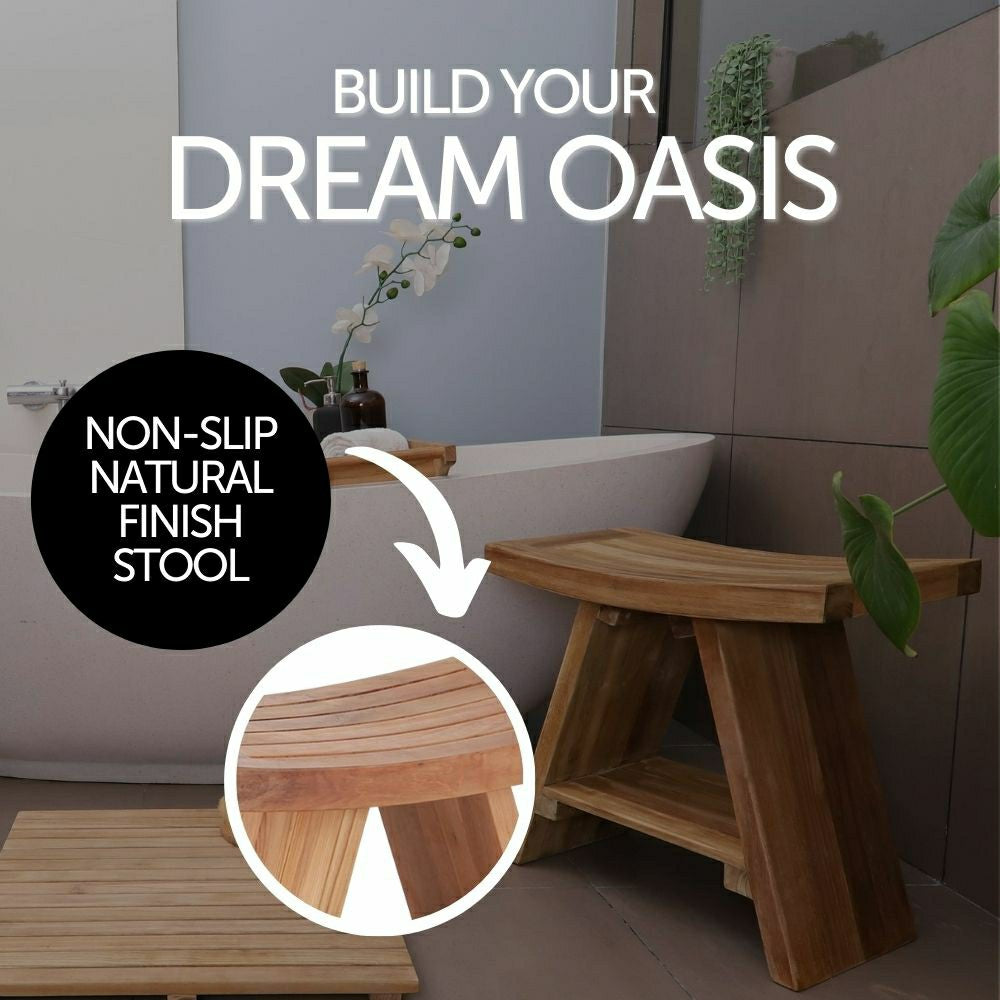 Plow & Hearth Siena Natural Teak Shower and Bath Stool with Curved Seat and Shelf