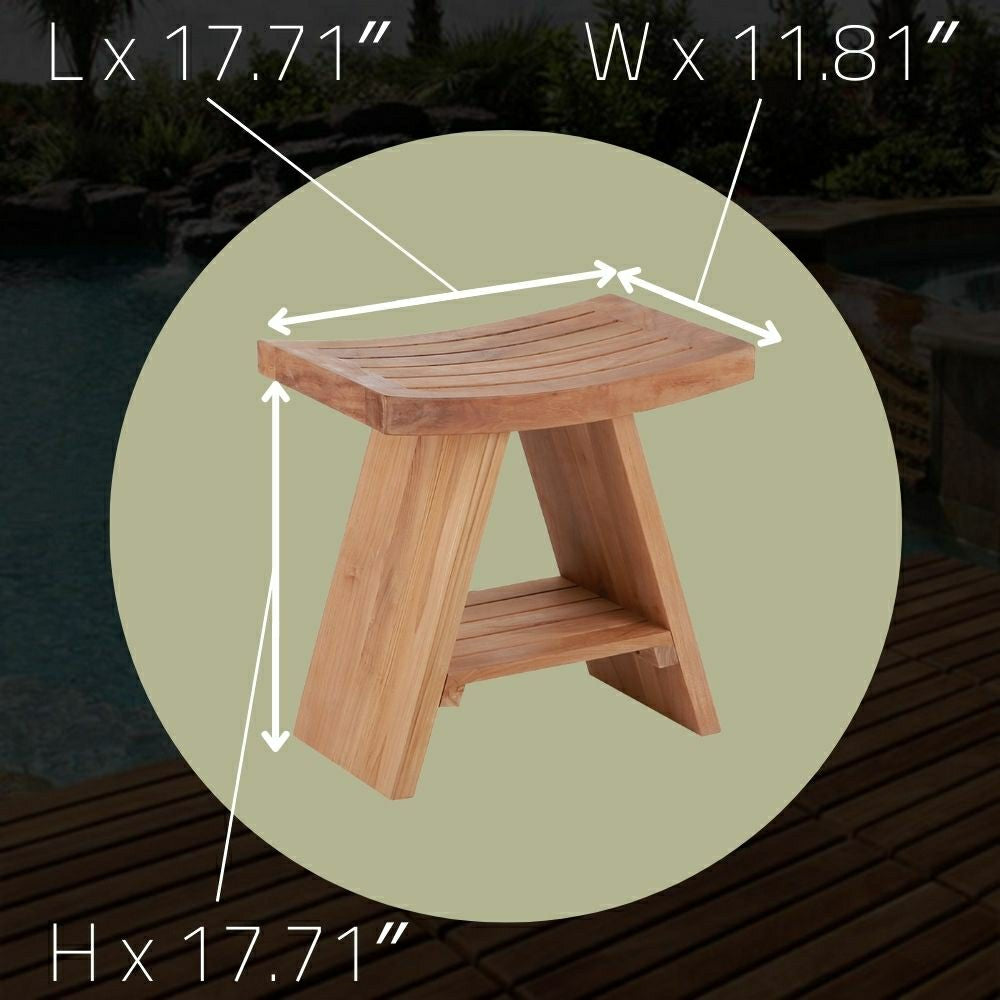 Plow & Hearth Siena Natural Teak Shower and Bath Stool with Curved Seat and Shelf