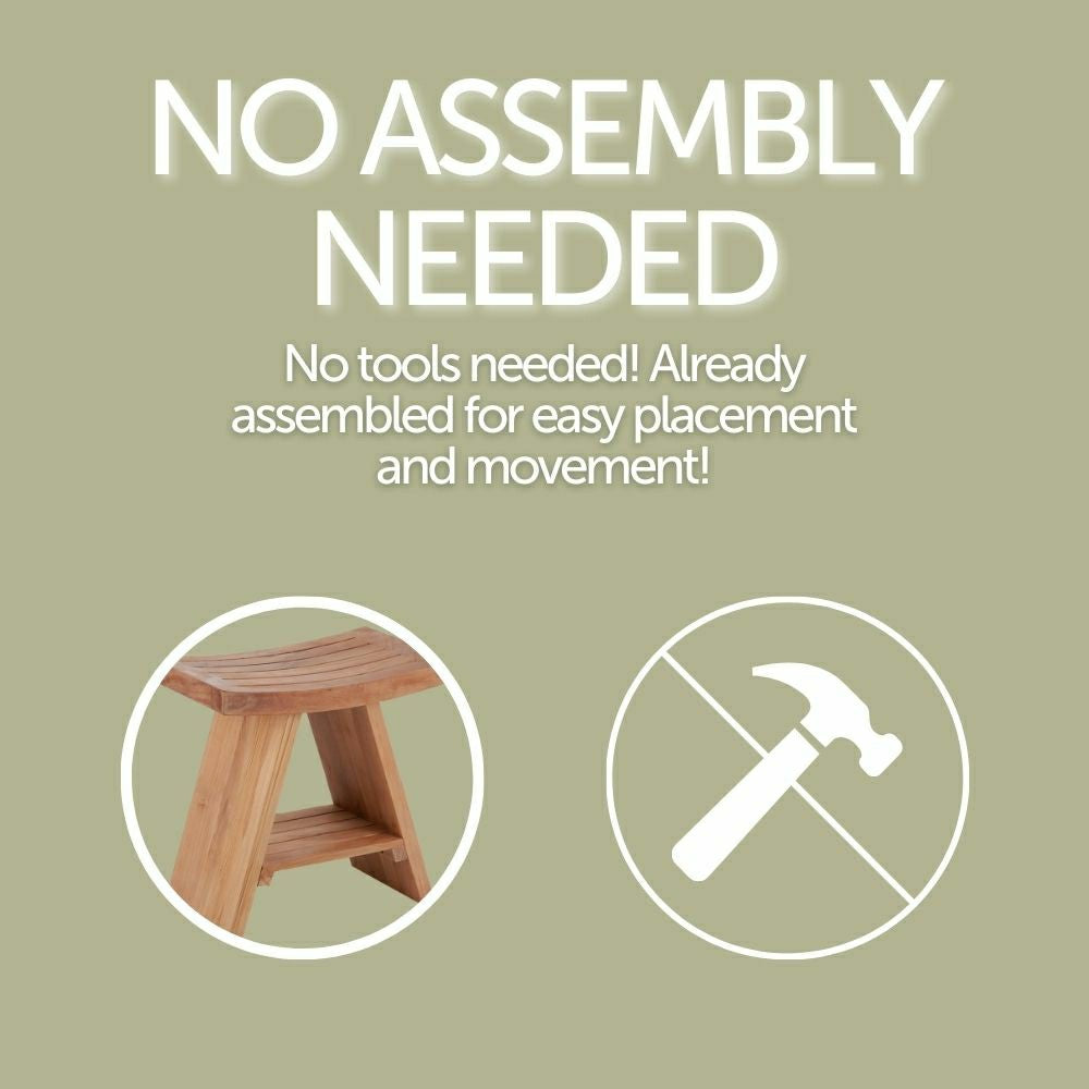 Plow & Hearth Siena Natural Teak Shower and Bath Stool with Curved Seat and Shelf