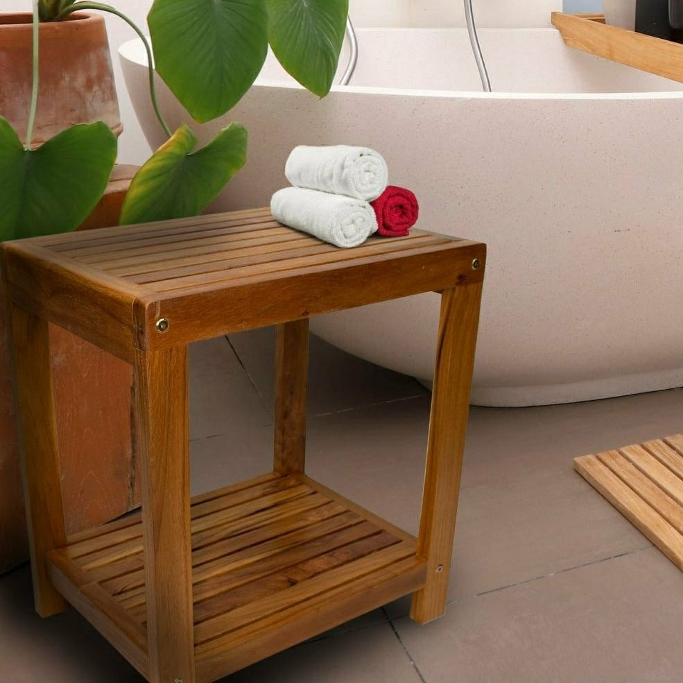Plow & Hearth Bali Teak Shower and Bath Spa Bench with Shelf – 18″