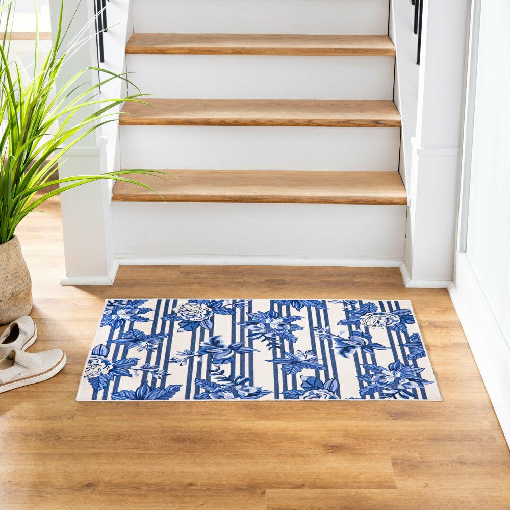 Plow & Hearth Chinoiserie Bow Floral Wreath Washable Mat 24"x36"