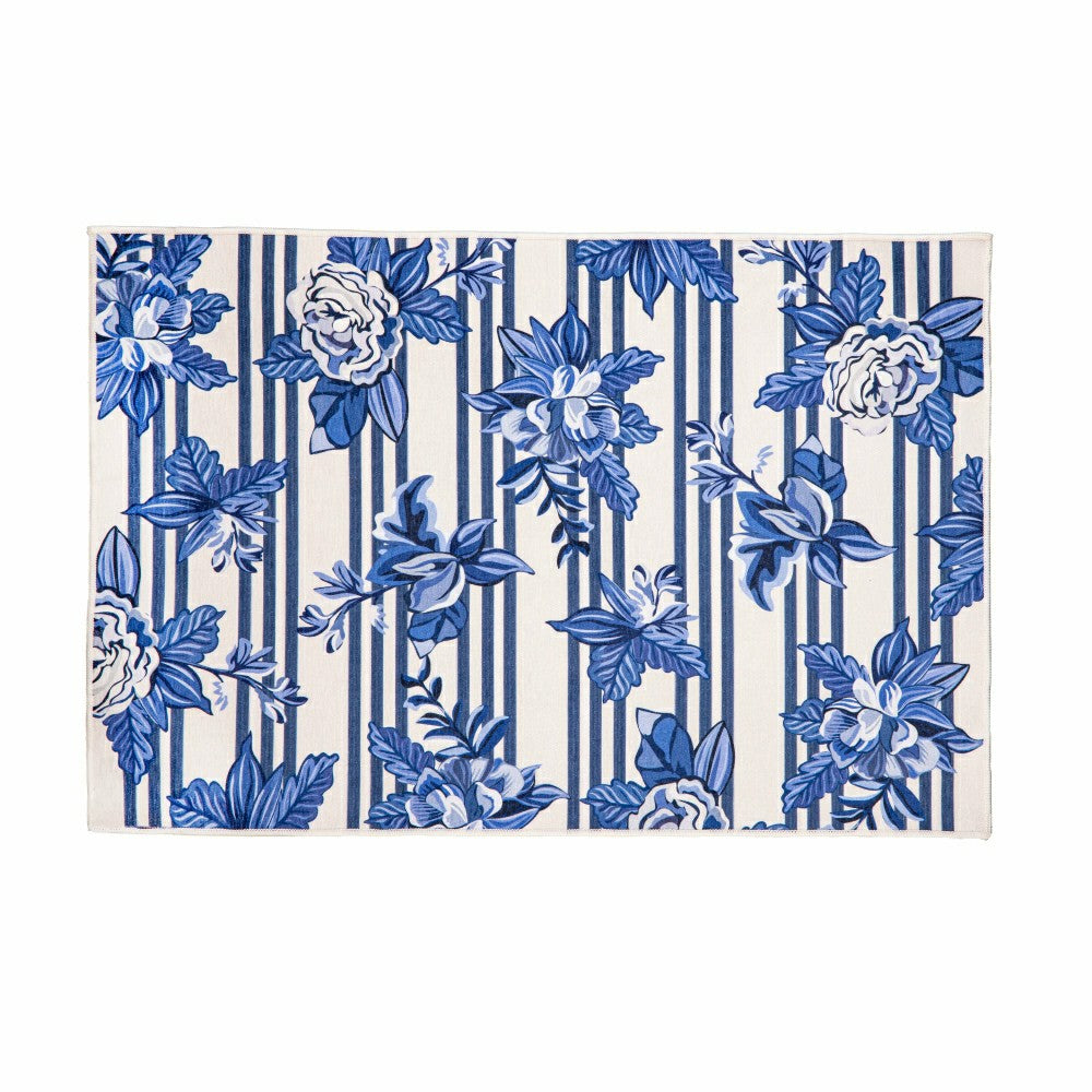Plow & Hearth Chinoiserie Bow Floral Wreath Washable Mat 24"x36"