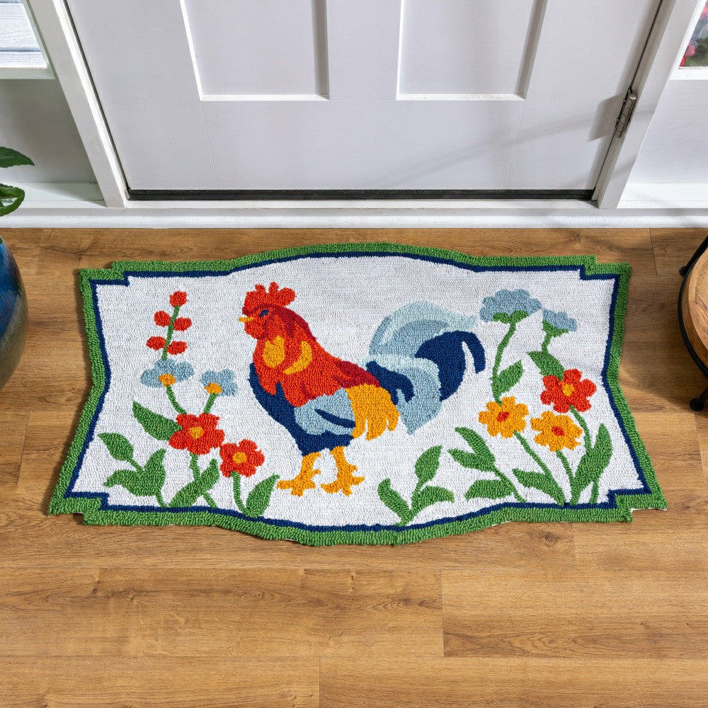 Plow & Hearth Floral Rooster Indoor/Outdoor Hooked Rug 24"x42"