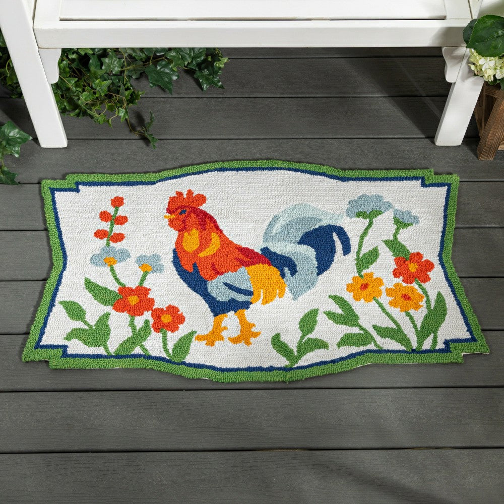 Plow & Hearth Floral Rooster Indoor/Outdoor Hooked Rug 24"x42"