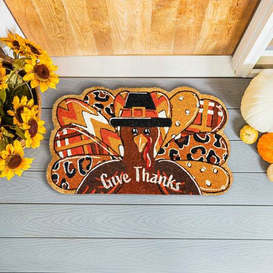 Plow & Hearth Give Thanks Patterned Turkey Shaped Coir Mat